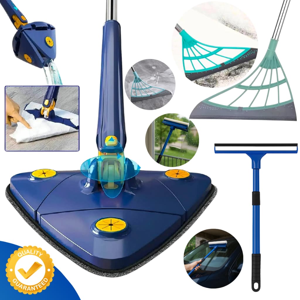 Mop Giratório Limpeza Chão Teto Parede + Rodo Silicone + Limpa Vidros Janelas