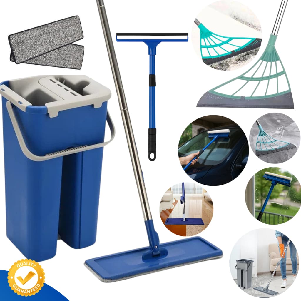 Mop Flat Balde Lava Seca Profissional Limpeza Completa + Rodo Silicone Limpa Vidros