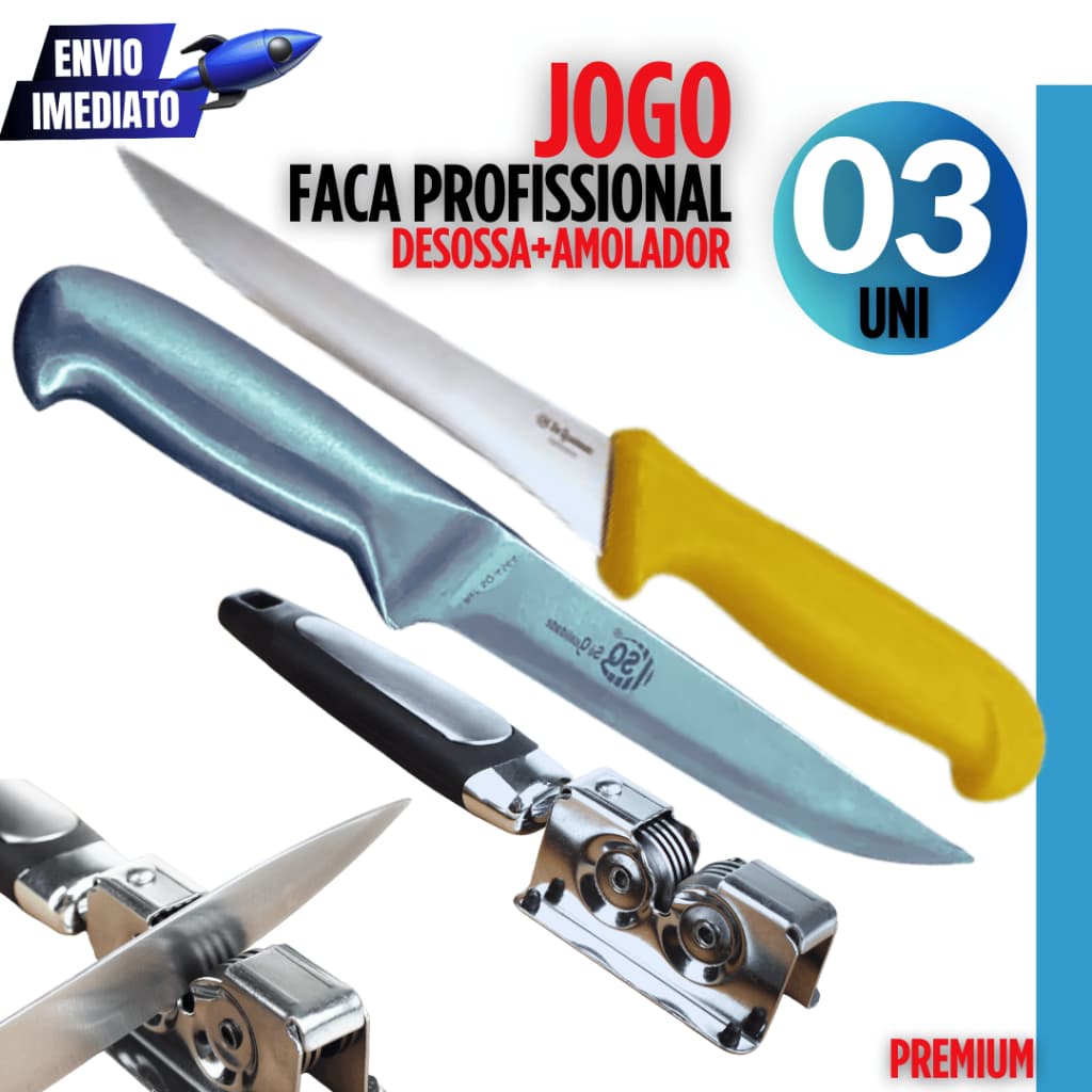 Conjunto 03 - Faca Linha Texas + Faca Profissional Para Desossar Variáveis Utilidades + Amolador Afiador de Faca Inox