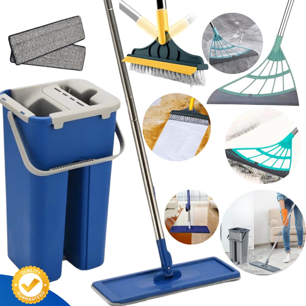 Mop Flat Balde Lava Seca Premium Profissional + Escova Rodo 2x1 + Vassoura Silicone