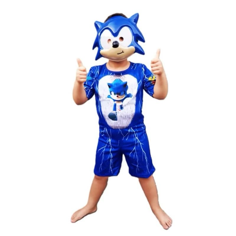 Fantasia Sonic Curta Infantil C/Enchimento E Máscara De Plástico