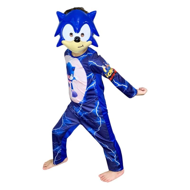 Fantasia Sonic Longa Infantil C/Enchimento E Máscara