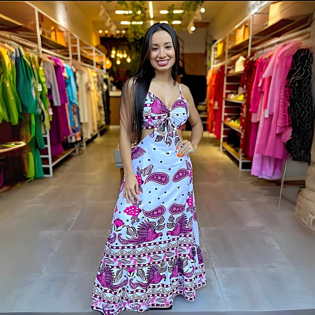 Vestido Longo Feminino Estampado Rosa com Decote e Amarração Moda Verão Elegante