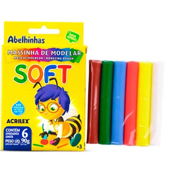 Massa de Modelar 90 gramas 6 cores Soft (1, 3, 6 e 12 Unidades) - Acrilex Massinha
