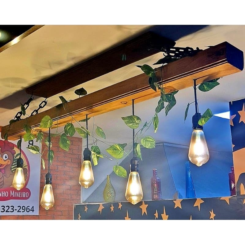 Luminária lustre pendente bivolt ASPEN5 com 1,20m e 5 pendentes + folhagem artificial + correntes