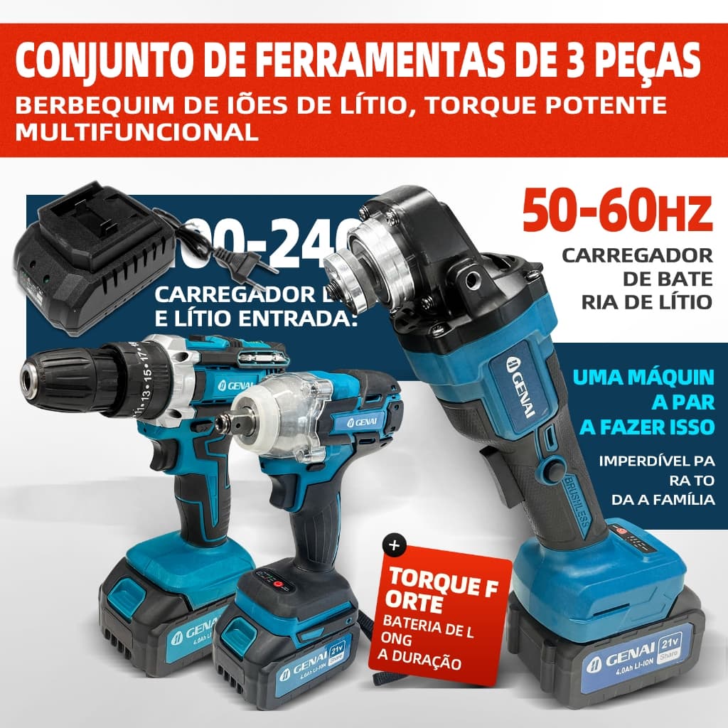 Kit Profissional 3 em 1 21V Esmerilhadeira Chave de Impacto 1/2 e Chave de Fenda Elétrica | Bivolt