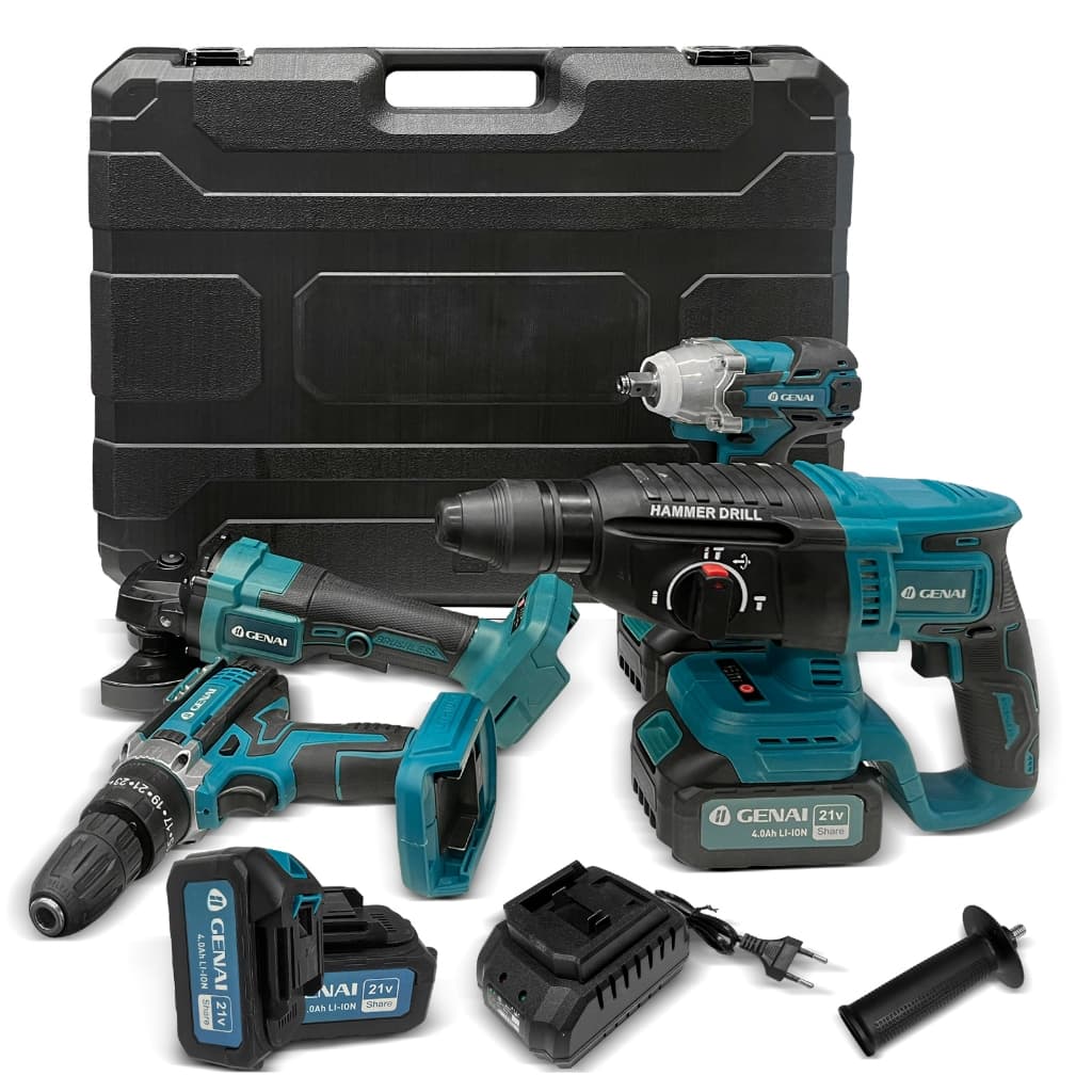 Kit de ferramentas 4 em 1 Furadeira, Chave de fenda/Chave de impacto/Amolador/Martelo 2 baterias 21V