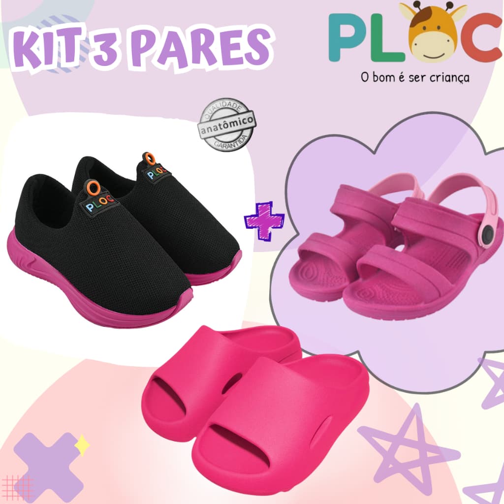 Kit 3 Pares: Tênis Calce Fácil P26 Menina + Papete + Chinelo Ploc - Casual Verão