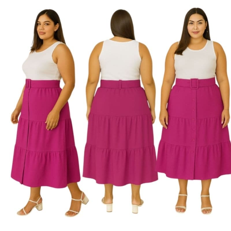 ✨ SAIA MIDI TRÊS MARIAS FEMININA FEMININO COM BOTÕES E CINTO PLUS SIZE – TAMANHO ÚNICO 48 ao 52 ✨