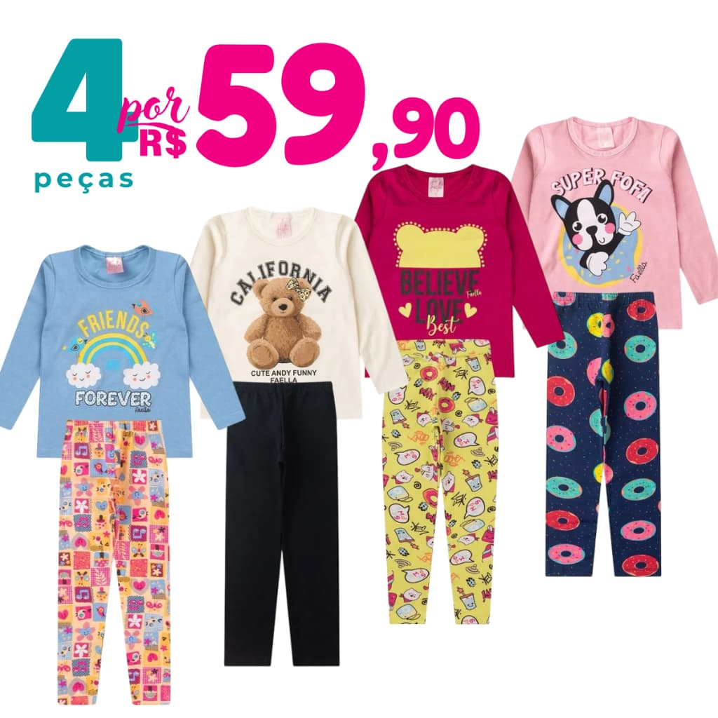 Kit 4 Peças Inverno | 2 Calças Legging + 2 Blusas de Meia Estação | Menina Conjunto Infantis