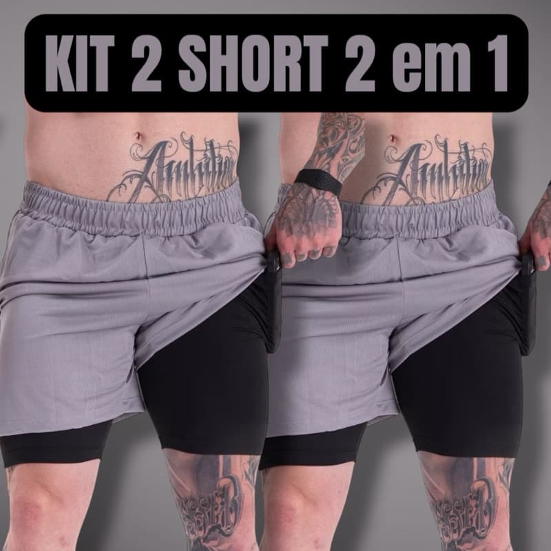 Kit COM 2 shorts 2 em 1 academia e treino sport dry fit  com elastano com proteçao uv