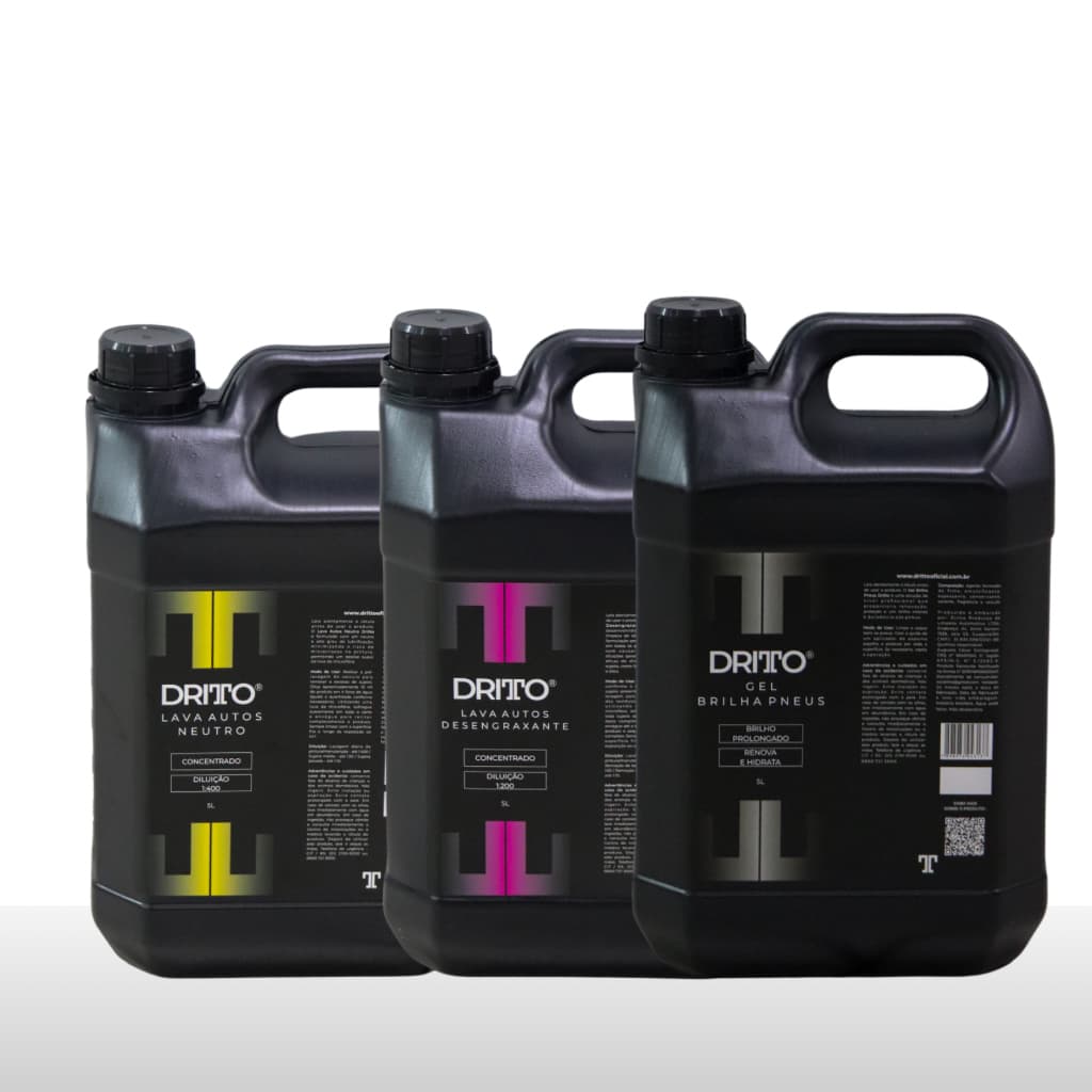 Kit Lavagem Automotiva Dritto Lava Autos Neutro 1:400 + Desengraxante + Pretinho Gel Brilha Pneus