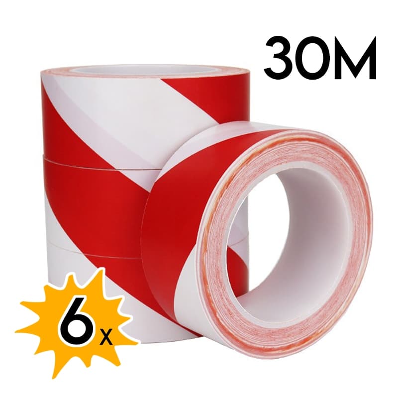 Kit 6 Fitas Zebrada Sinalização 30m Vermelha e Branca PVC Demarcação Isolamento