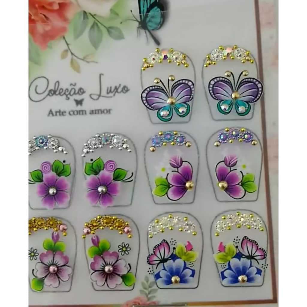 12 Adesivos Artesanais Para Unhas, 100% Feito A Mão, Pedrarias, Joias, Strass, Pingentes