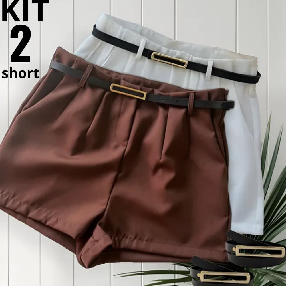 Kit 2 Short Alfaiataria Femenino Cintura ALTA COM CINTO BOLSO Ziper na Lateral ENVIO IMEDIATO