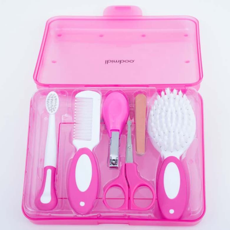 Kit Higiene Infantil Rosa Tesoura Cortador de Unha 4 Lixas de Unha Escova Pente Cabelo Escova Dente