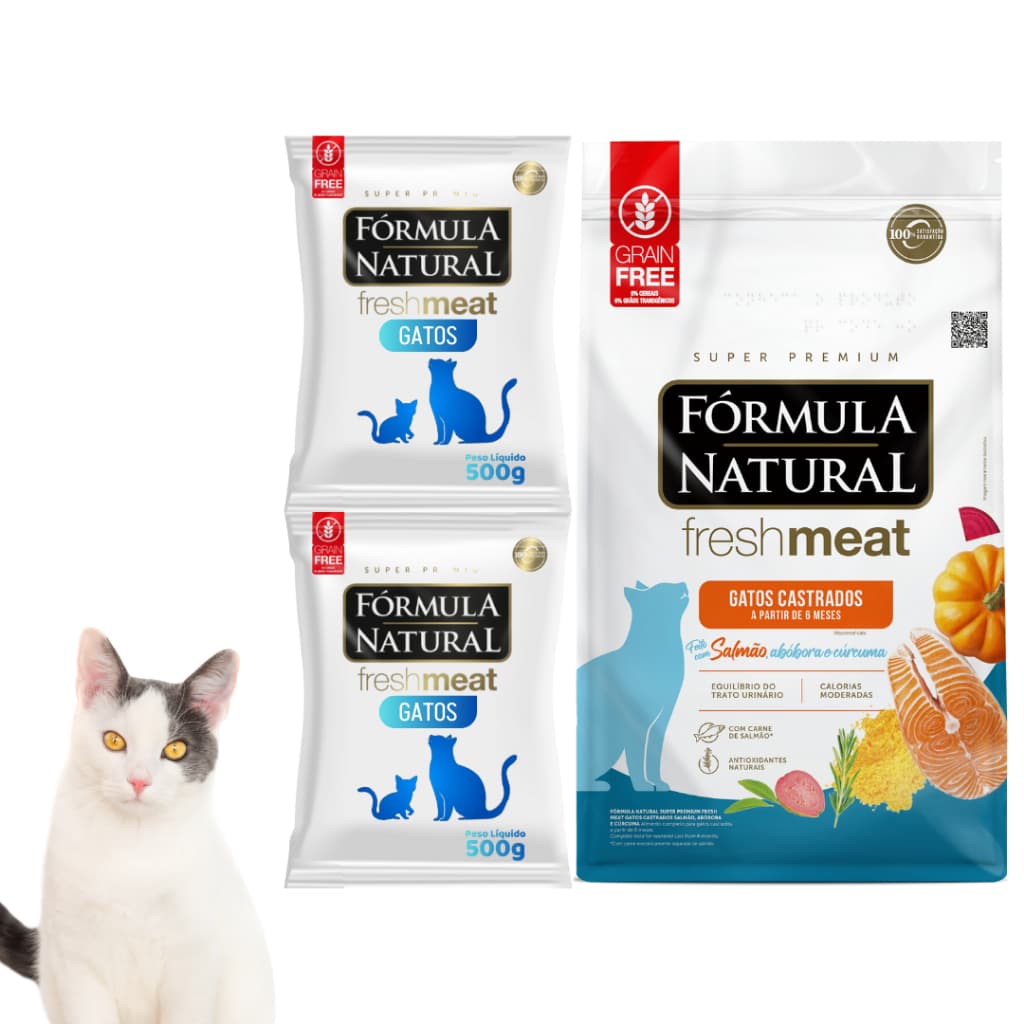Pacotes Ração 500gr Para Gatos Formula Natural Adultos Castrados Fresh Meat Sabor Salmão