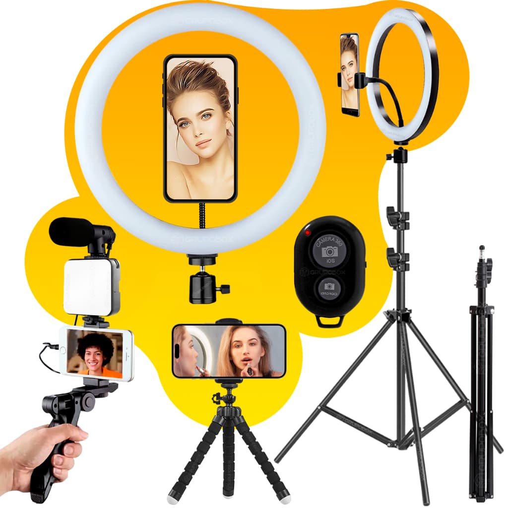 Kit Iluminação Youtuber Tripé Estabilizador Profissional Com Microfone Vlog Live Completo