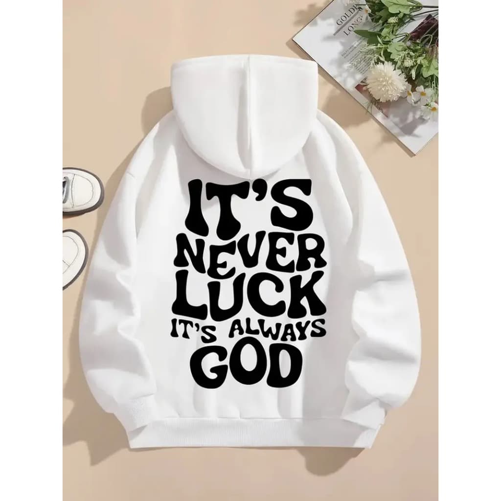 Blusa De Frio Canguru Com Capuz Moletom Feminino Larguinho Estampado ´´It´s Never Luck It´s Always God`` para outono/inv