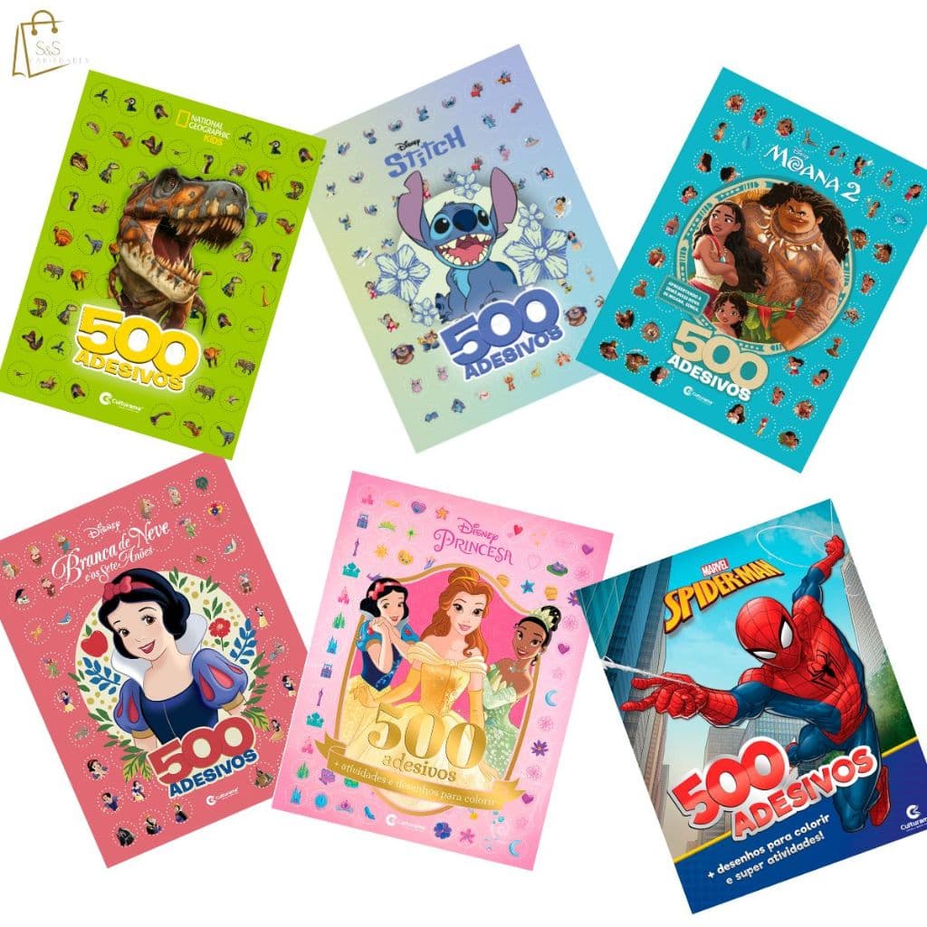 500 Adesivos Livro Stitch Princesa Spider-man Moana 2 Branca de Neve Dino + Atividades para Colorir