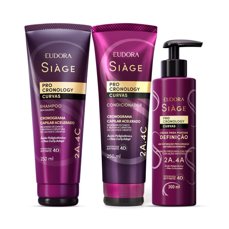 Combo Siàge Pro Cronology Curvas: Shampoo 250ML + Condicionador 250ML + Creme para Pentear Definição 300ML - EUDORASIAGE