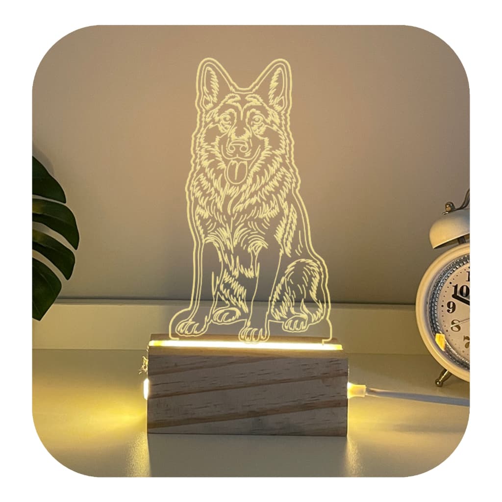 Luminária de Mesa Cachorro Pastor Alemão Em Madeira Luz Acrílico Luxo Quarto Decorativo