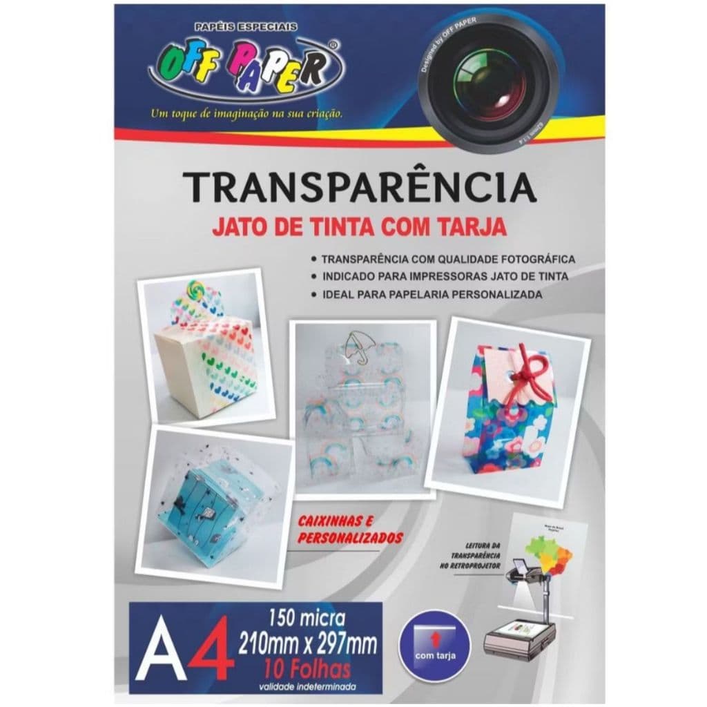 Folhas Transparência A4 Jato de Tinta Resina e Retroprojetor Com Tarja 10fls Off Paper