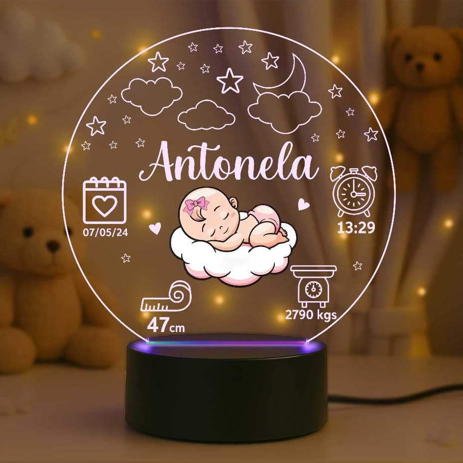 Luminária 7 Cores RGB Bebê Nascimento Maternidade Personalizado, Decoração, Criança, Presente, Mamãe