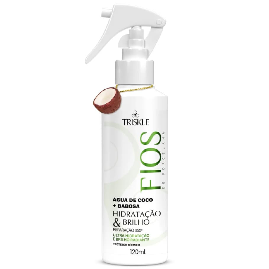 Fios Porcelana Spray Finalizador Proteção Térmica Água Coco Hidratação Brilho Triskle 120ml