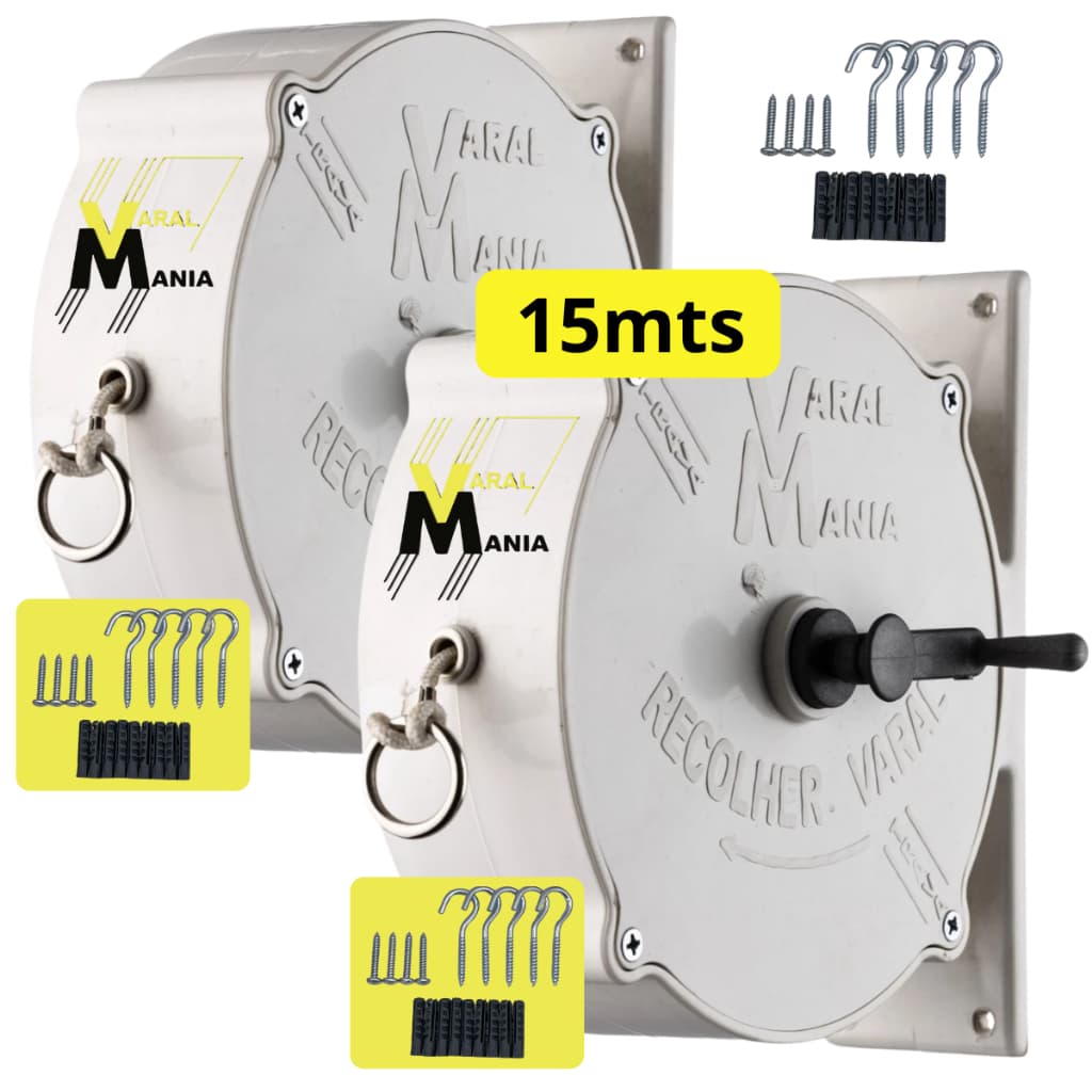 Kit 2 Varais Recolhíveis Parede 15m Branco + 2 Kit Completo de Instalar