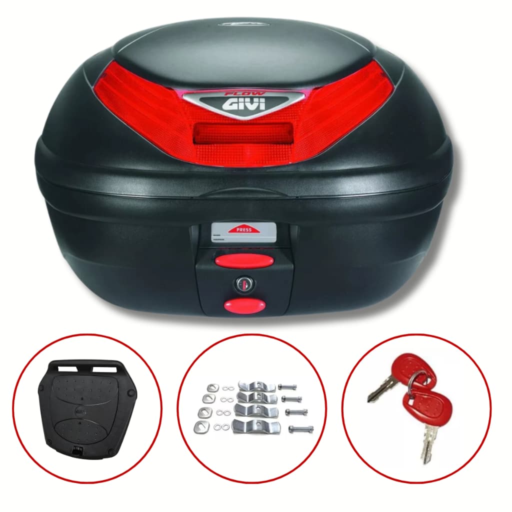 Baú Bauleto Monolock Flow 35 Litros E350N GIVI Vermelho / Fumê Com Base