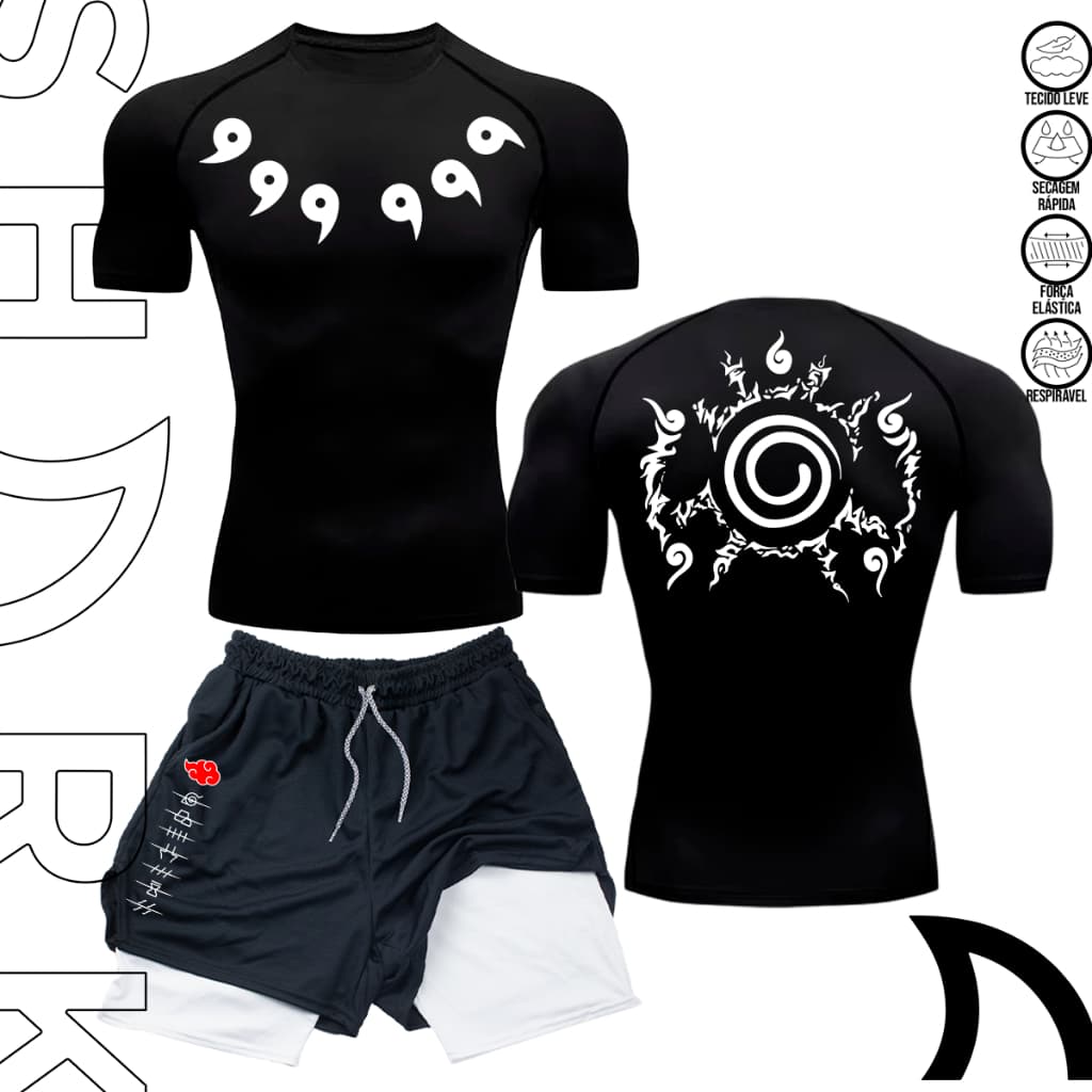Kit Camiseta Compressao E Short 2 Em 1 Esportivo Treino Naruto Anime Simbolos Manga Secagem Rapida