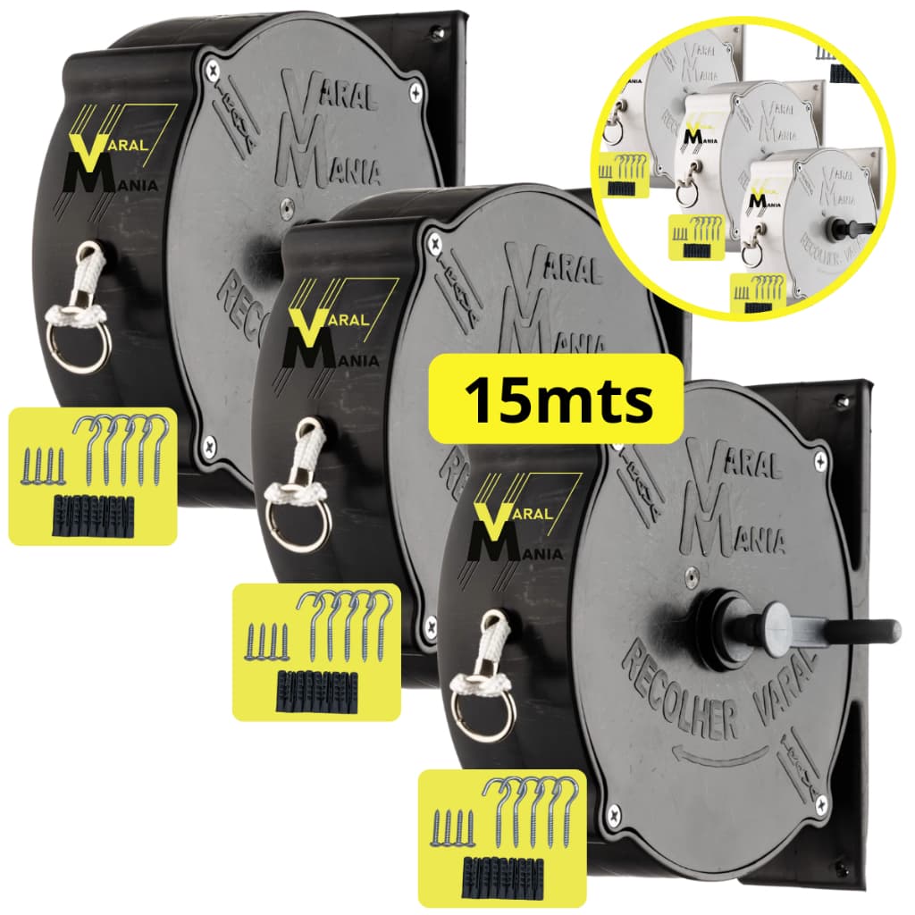 Kit 3 Varais Recolhíveis de Parede 15m + 3 Kits Completos de Instalação do Varal