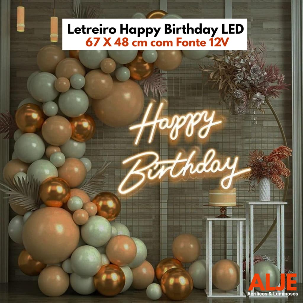 Painel de LED Neon Acrílico Letreiro Happy Birthday LED 67 X 48 cm com Fonte 12V