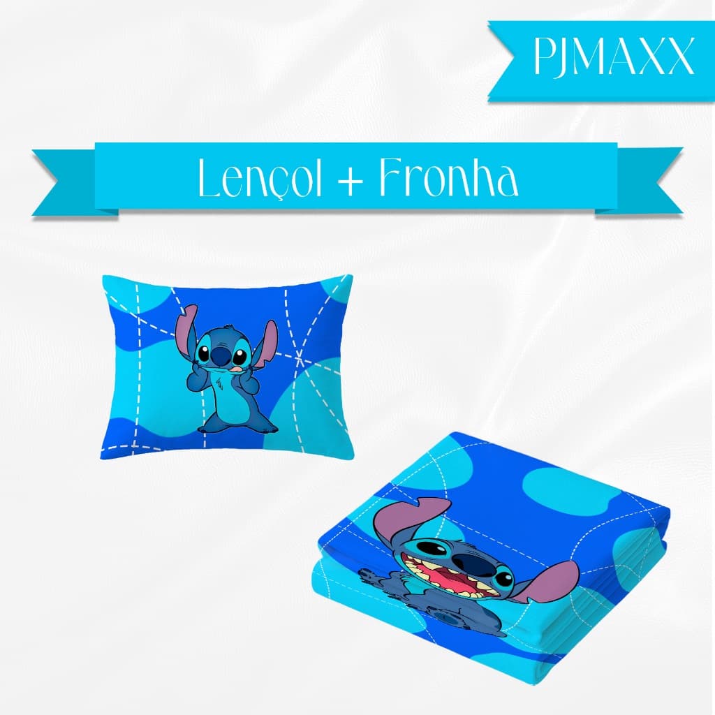 Jogo de Cama Infantil Lençol e Fronha Tema Stitch Azul Desenho Quarto Menino Menina