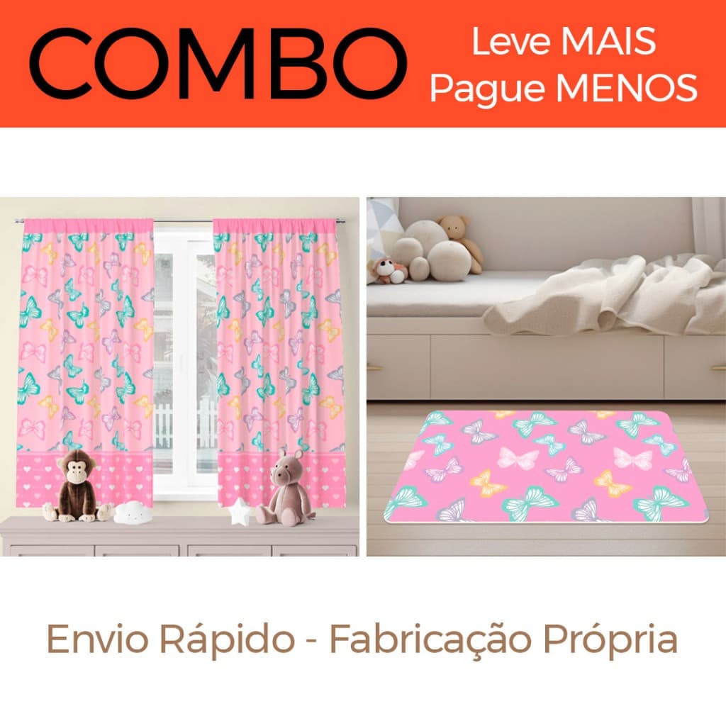 COMBO - Cortina Infantil 200 x 136cm + Tapete Avulso 60 x 34cm Antiderrapante - Borboletas