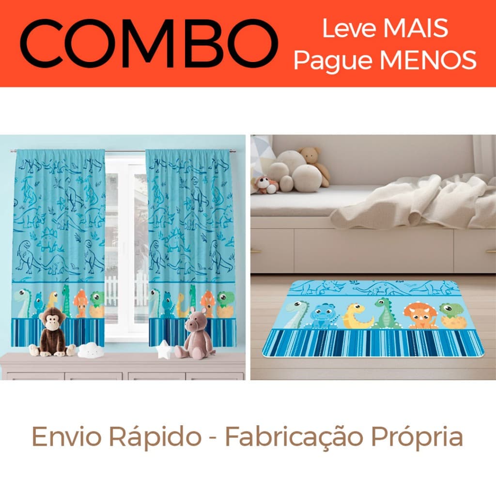 COMBO - Cortina Infantil 200 x 136cm + Tapete Avulso 60 x 34cm Antiderrapante - Dinossauros