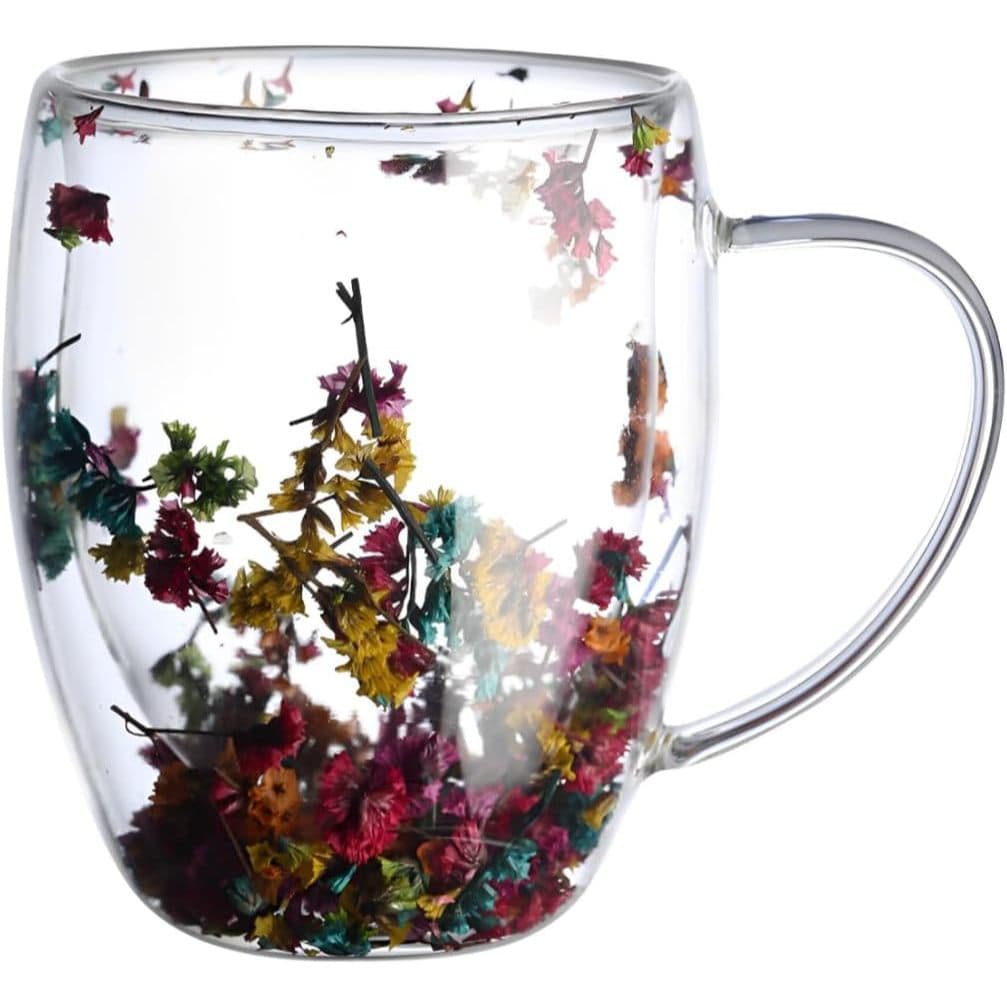 Xícara Copo de Vidro Duplo com Flores Secas entre as camadas 300ml Xicara para Decoração Estampada