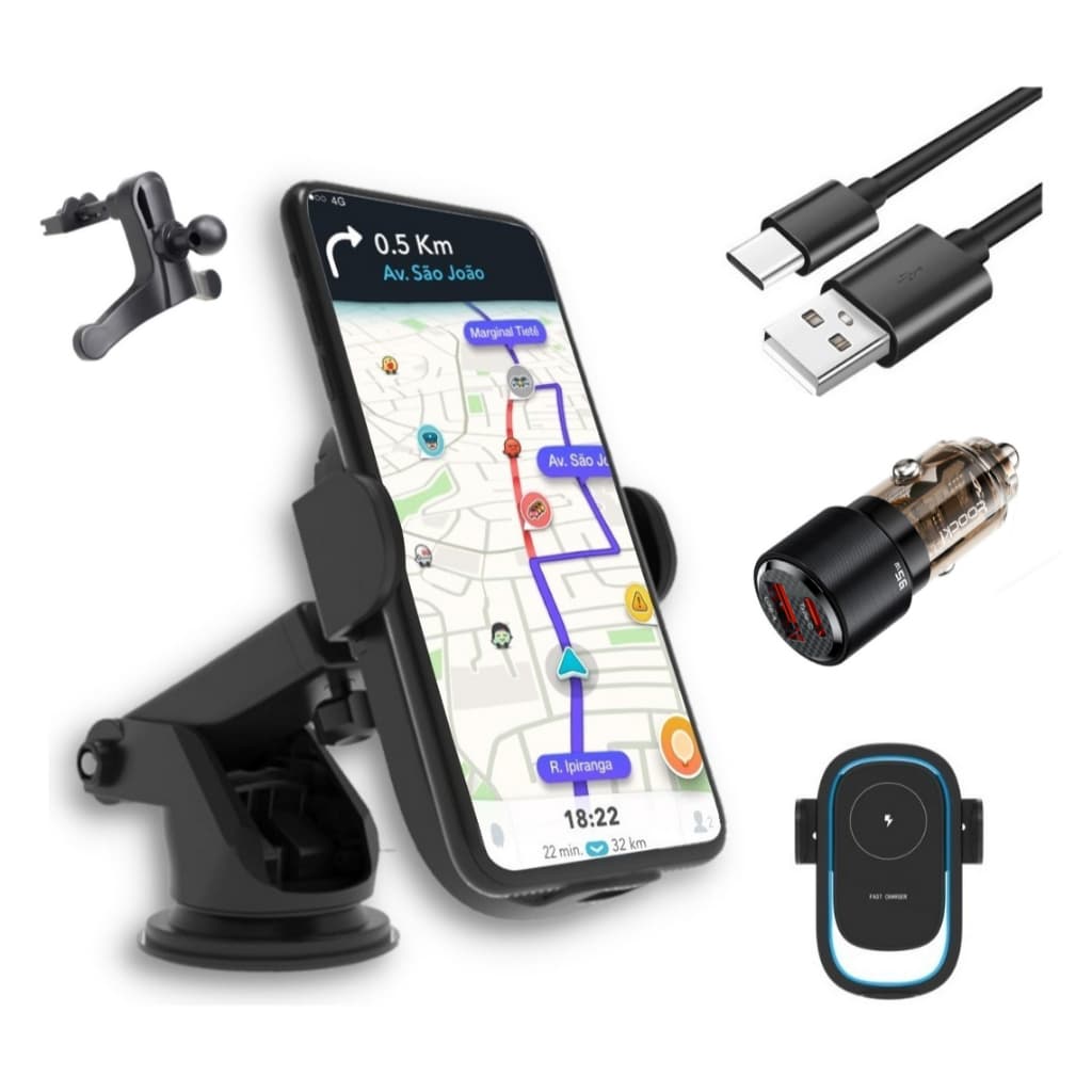 Suporte Veicular Carregador Sem fio P/ Celular + Carregador Usb Turbo 95w