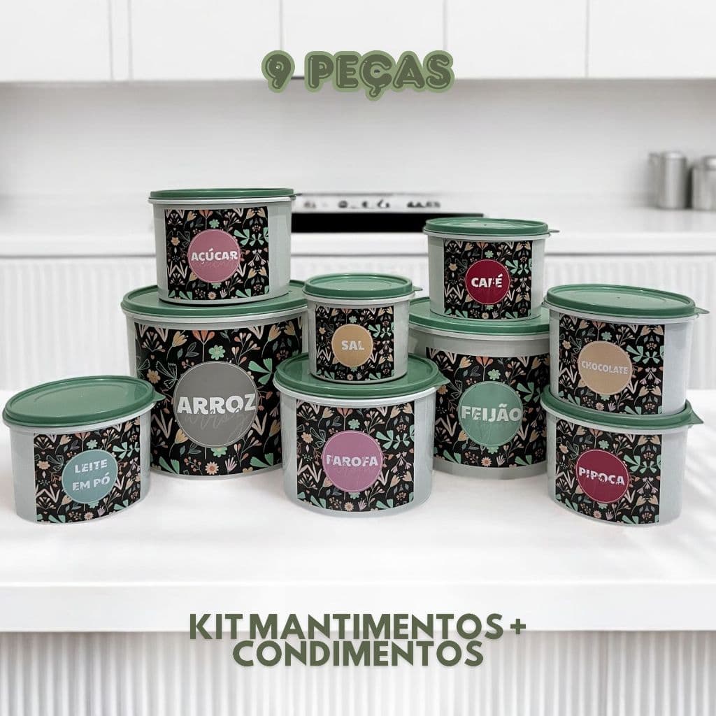 Kit 9 Peças Mantimentos + Condimentos Organização da Cozinha Alimentos Praticidade Armazenamento
