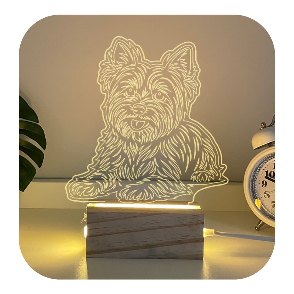 Luminária de Mesa Cachorro Yorkshire Terrier Em Madeira Luz Acrílico Luxo Quarto Decorativo