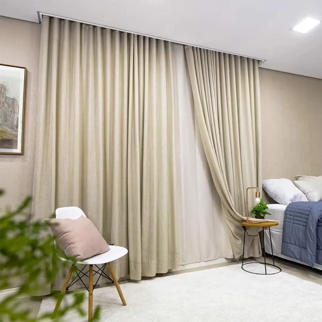 Cortina Trilho Suíço Duplo Gaze de Linho com Blackout 100% Vedação em tecido Luxo WAVE