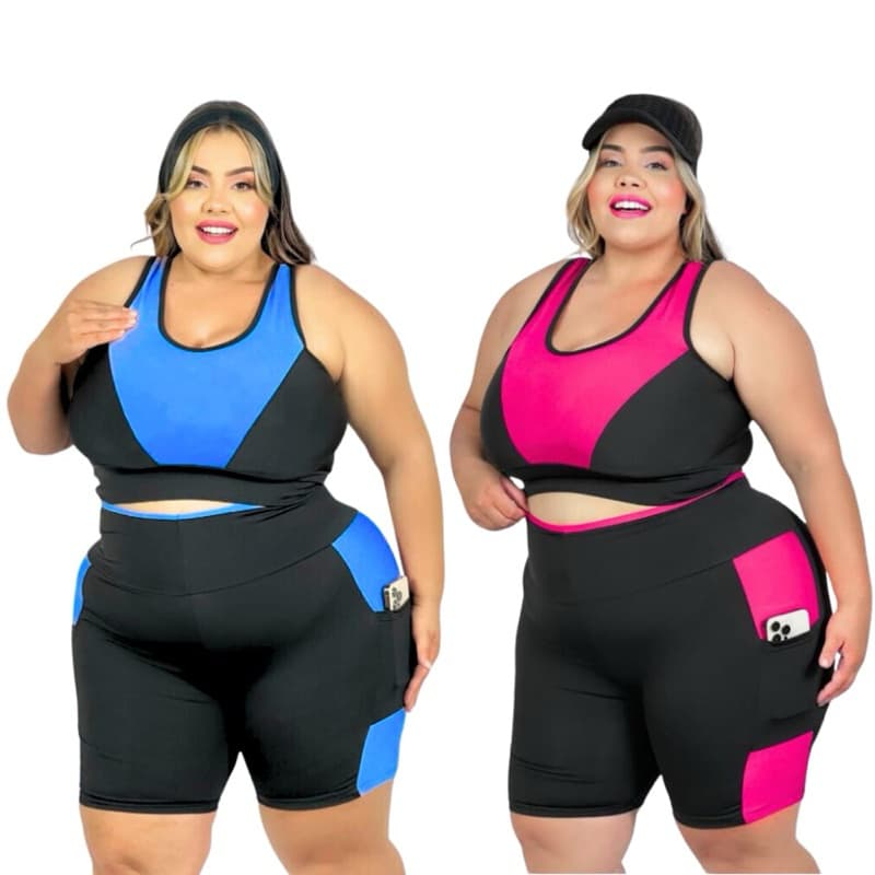 Kit 2 Conjuntos Fitness Plus Size Top e Short com Bolso para Academia Curves feminino G ao EXGG