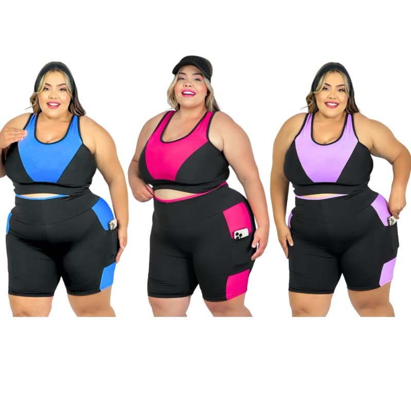 Kit 3 Conjuntos Fitness Plus Size 40 ao 54 Top e Short com Bolso para Academia Curves feminino