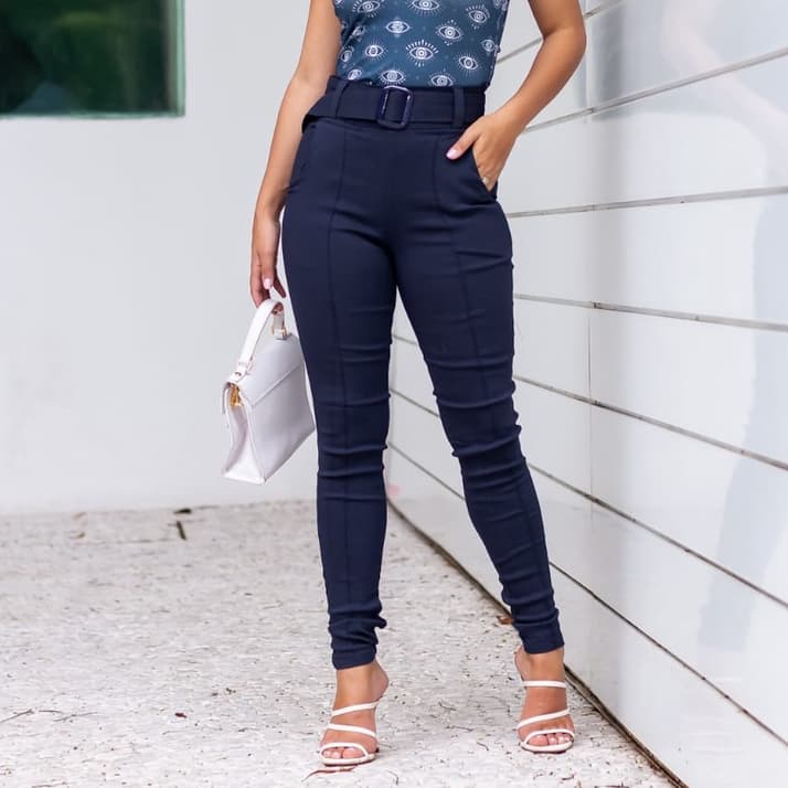 Calça Bengaline Skinny Luxo Com Cinto Ciper Bolso Cintura Alta 2022