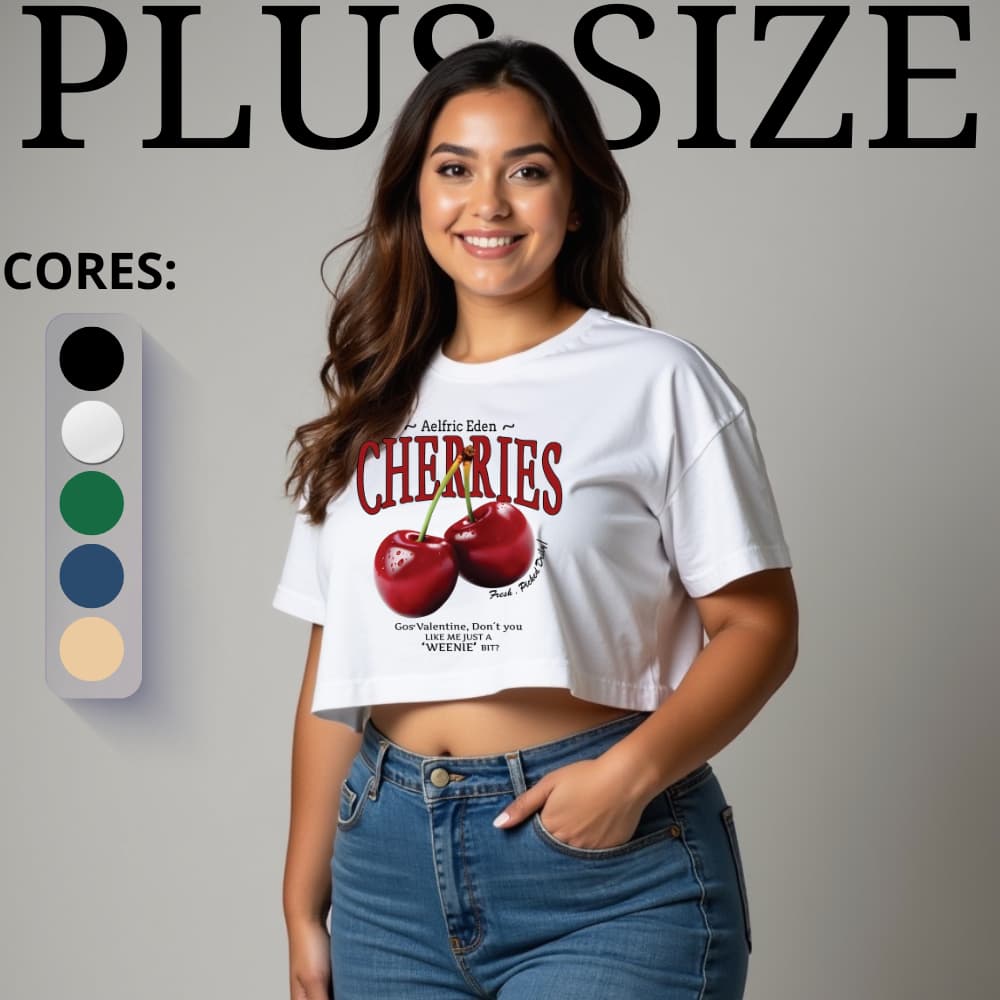 Cropped Plus Size Feminino Blusa T Shirt Camiseta Roupa Moda 100% Algodão estampa cherries cereja