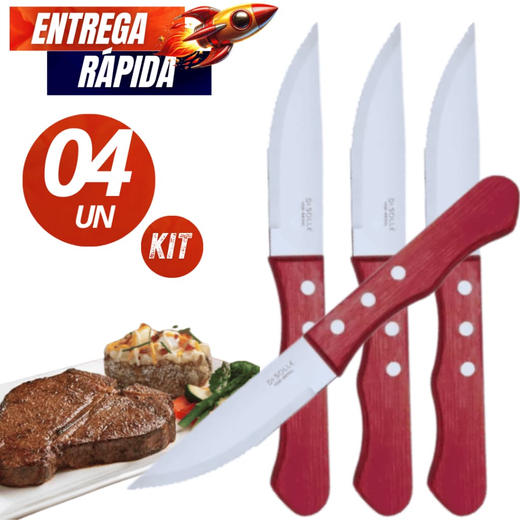 Kit 04/02  Unidades Faca de churrasco cabo madeira outback inox 25 cm Serra Linha Inox Resistente