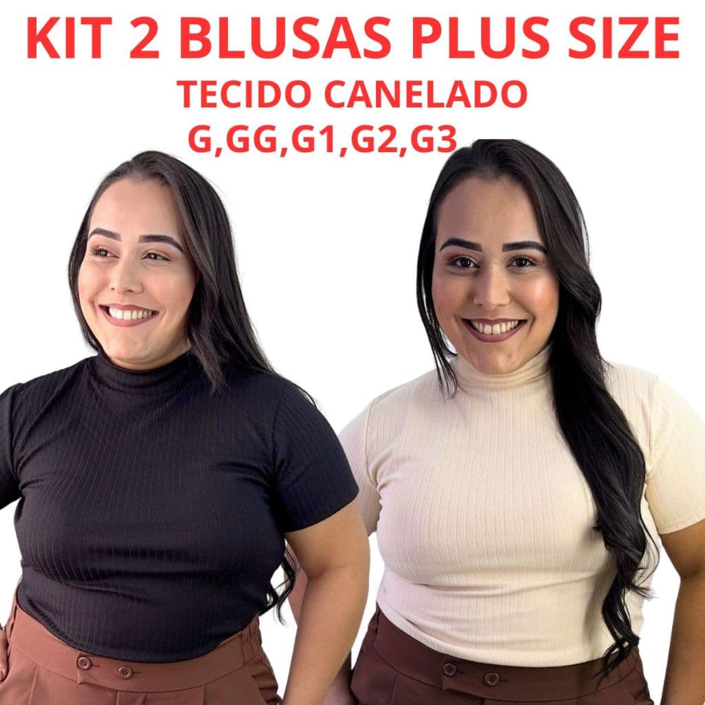 Kit 2 Blusas canelada Feminina Plus Size Gola Alta Manga Curta Promocao
