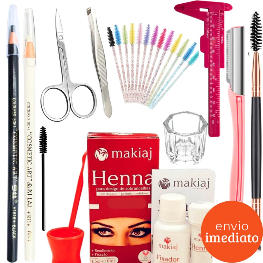 Kit Sobrancelha Iniciante Henna Makiaj + Navalha + Paquimetro + Tesoura + Pincel + Dappen + Lápis