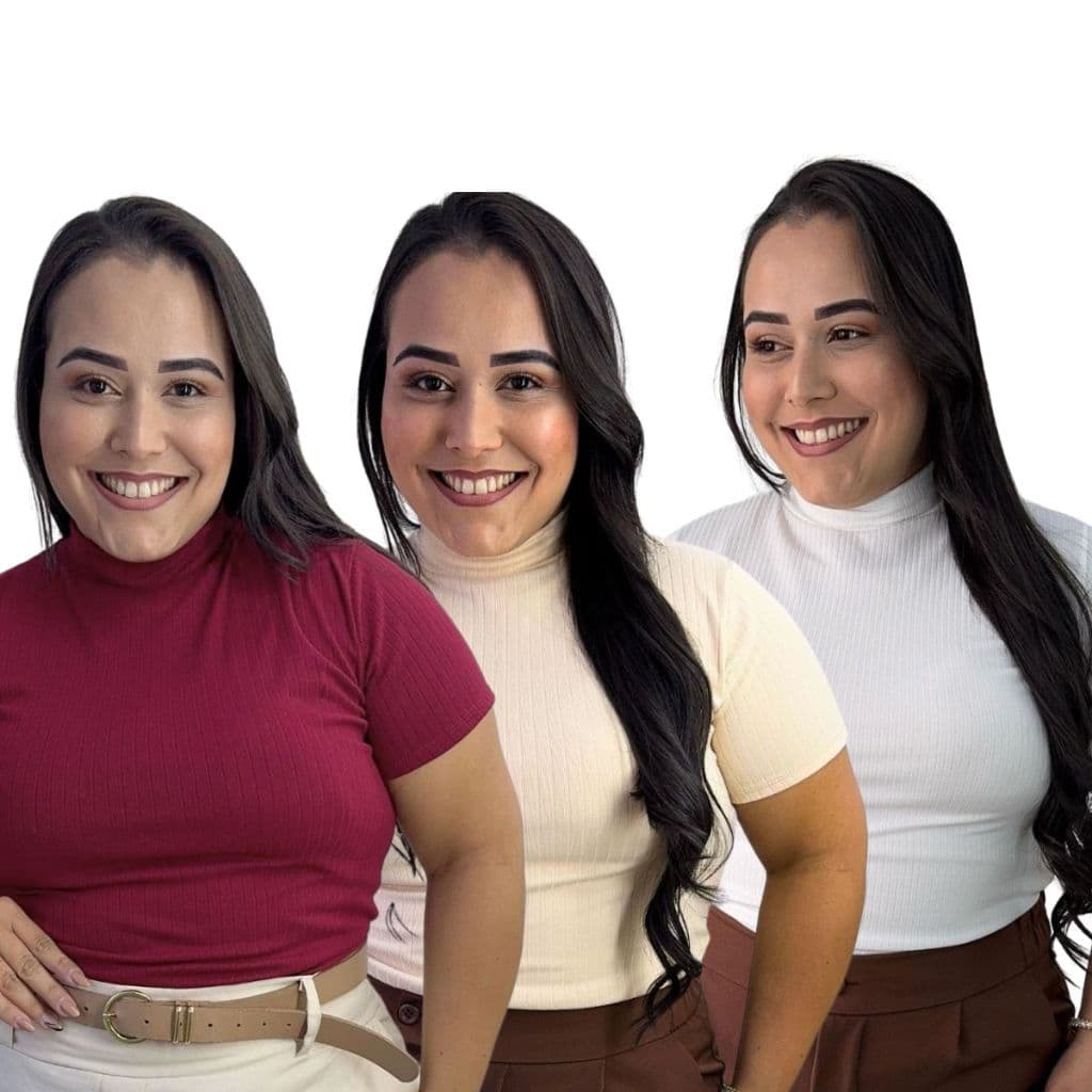 Kit 3 Blusas canelada Feminina Plus Size Gola Alta Manga Curta Tamanho Grande Promoçao